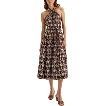 Women's Casual Palm Print Midi Flowy Tiered Halter Dress with Pockets