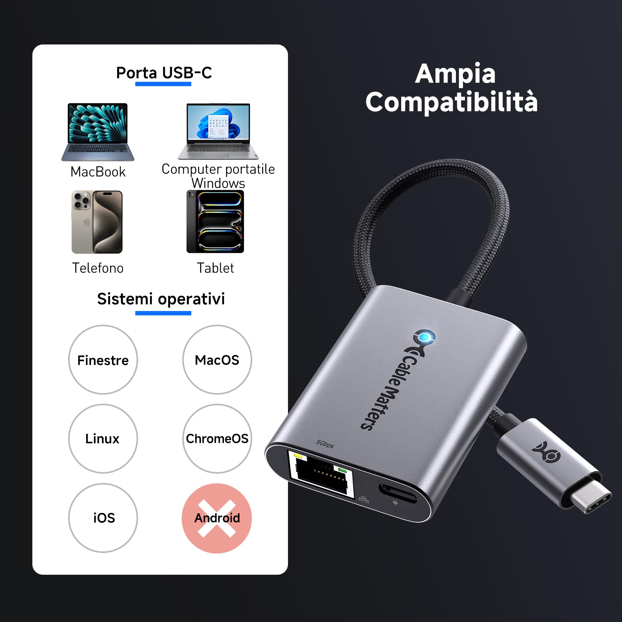 Cable Matters adattatore USB-C a Ethernet 5GbE, 140 W | USB4 / Thunderbolt 5/4 / 3, MacBook, Portatile, Dispositivi USB-C, 5 Gigabit Ethernet, 5000 Mbit/s rete