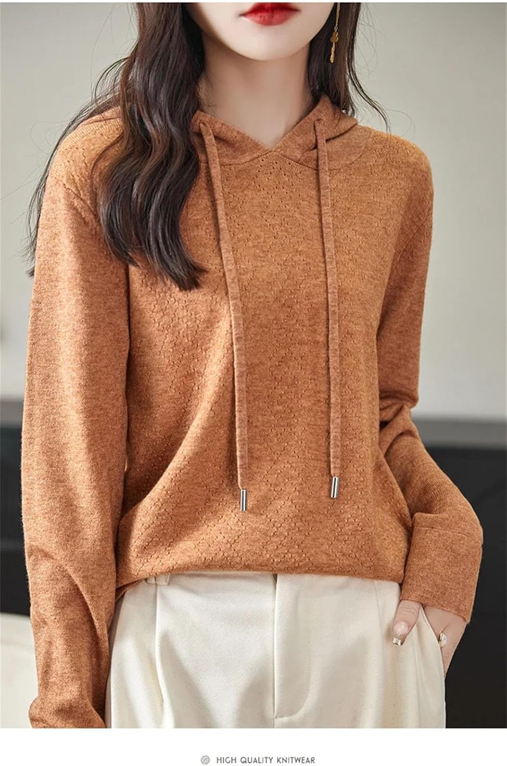 Women's Australian Wool Sweater Long Sleeved O-Neck Drawstring Hoodie Fall Winter Fashion Warm Sweatshirt