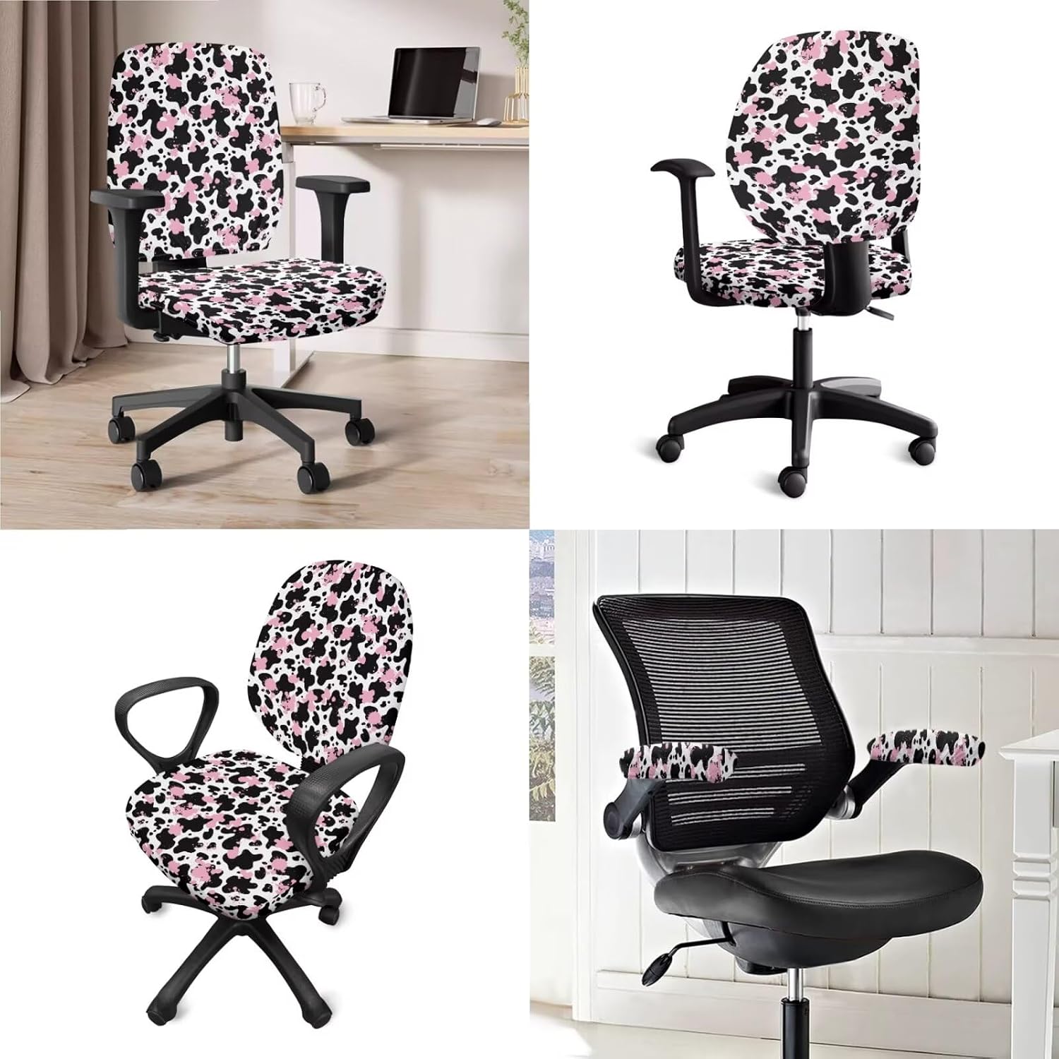 Pink Black Cow Spot Computer Chair Cover with Armrest Slipcovers Washable Stretchable 4 Pieces Set Boss Chair Protector Anti-Slip Universal High Back Chair Protector