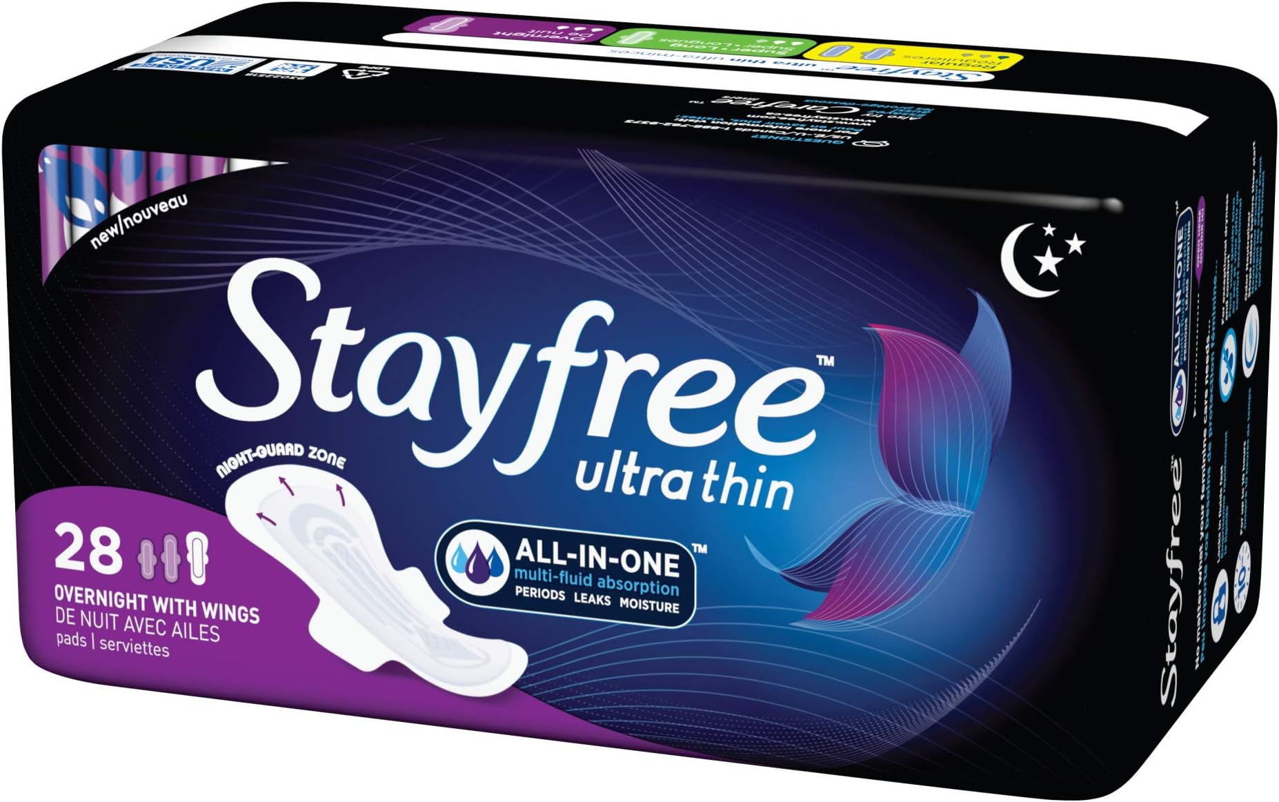 Stayfree Ultra Thin Overnight Pads with Wings, For Women, Reliable Protection and Absorbency of Feminine Moisture, Leaks and Periods, 28 Count