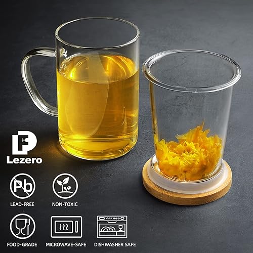 Vista 5 de Lezero Tazas infusoras de té con filtro y kit de tapa de bambú, tazas de vidrio de borosilicato para té de hojas sueltas y florecientes, aptas