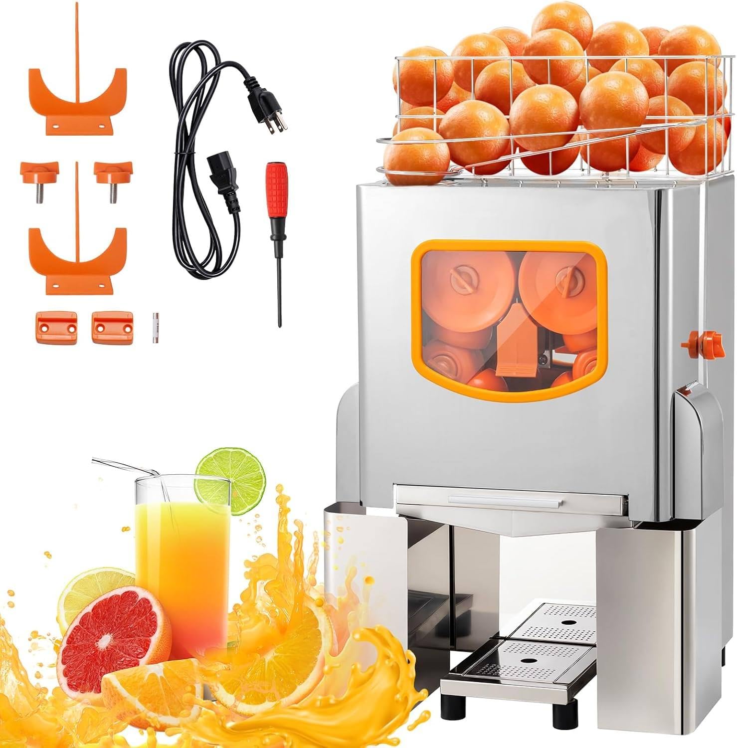 Exprimidor Eléctrico Cítricos - 30 naranjas/minuto en una hora funcionamiento continuo,2 bandejas limpieza barril e-xtraíbles y tapa seguridad PC,Exprimidor automático con separación cáscaras