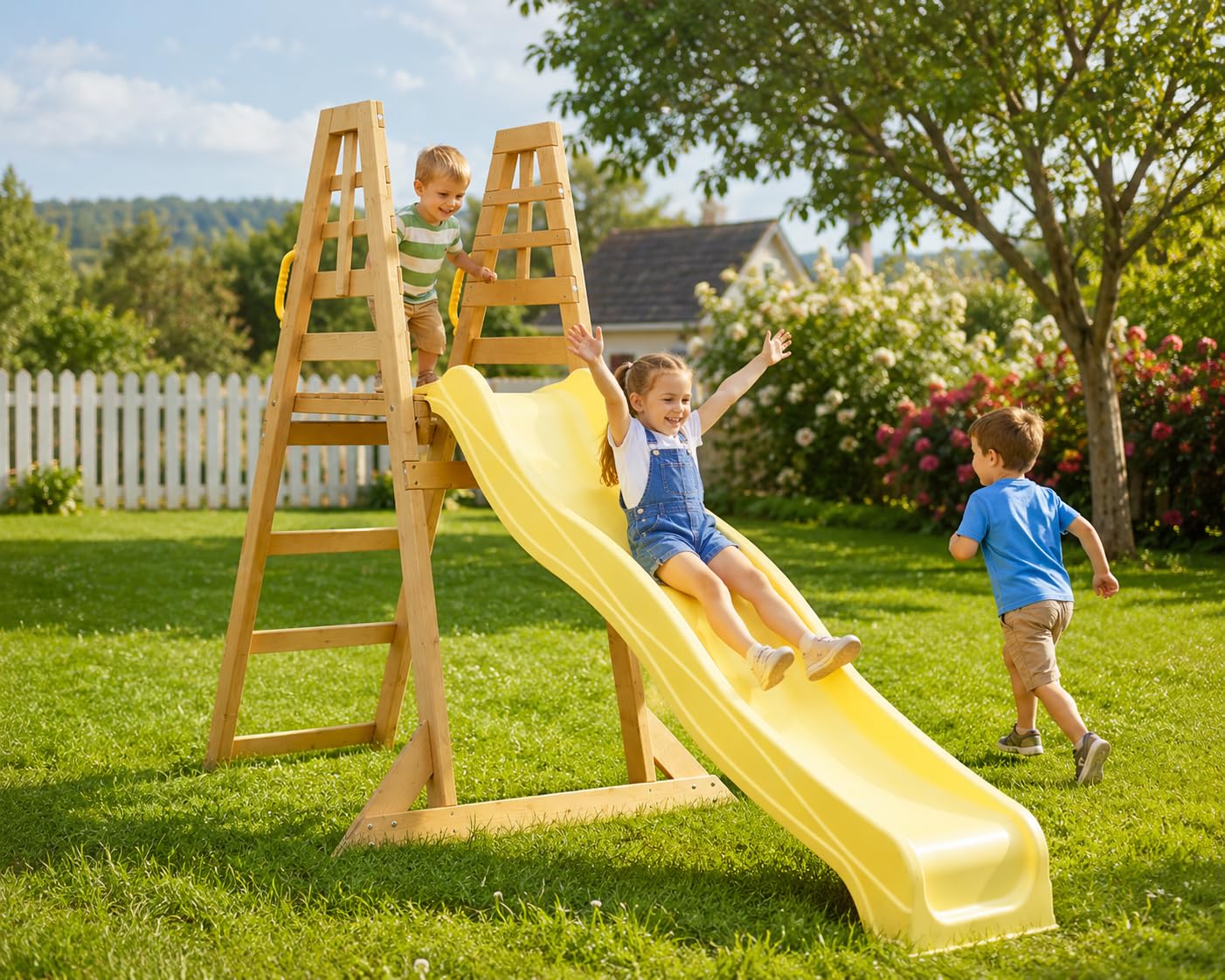 Scivolo per bambini da esterno, SCIVOLO da Giardino in Plastica per Bambini con Solida Struttura in Legno 4 Gradini. Dimensioni 262x60x183cm. (Premium)