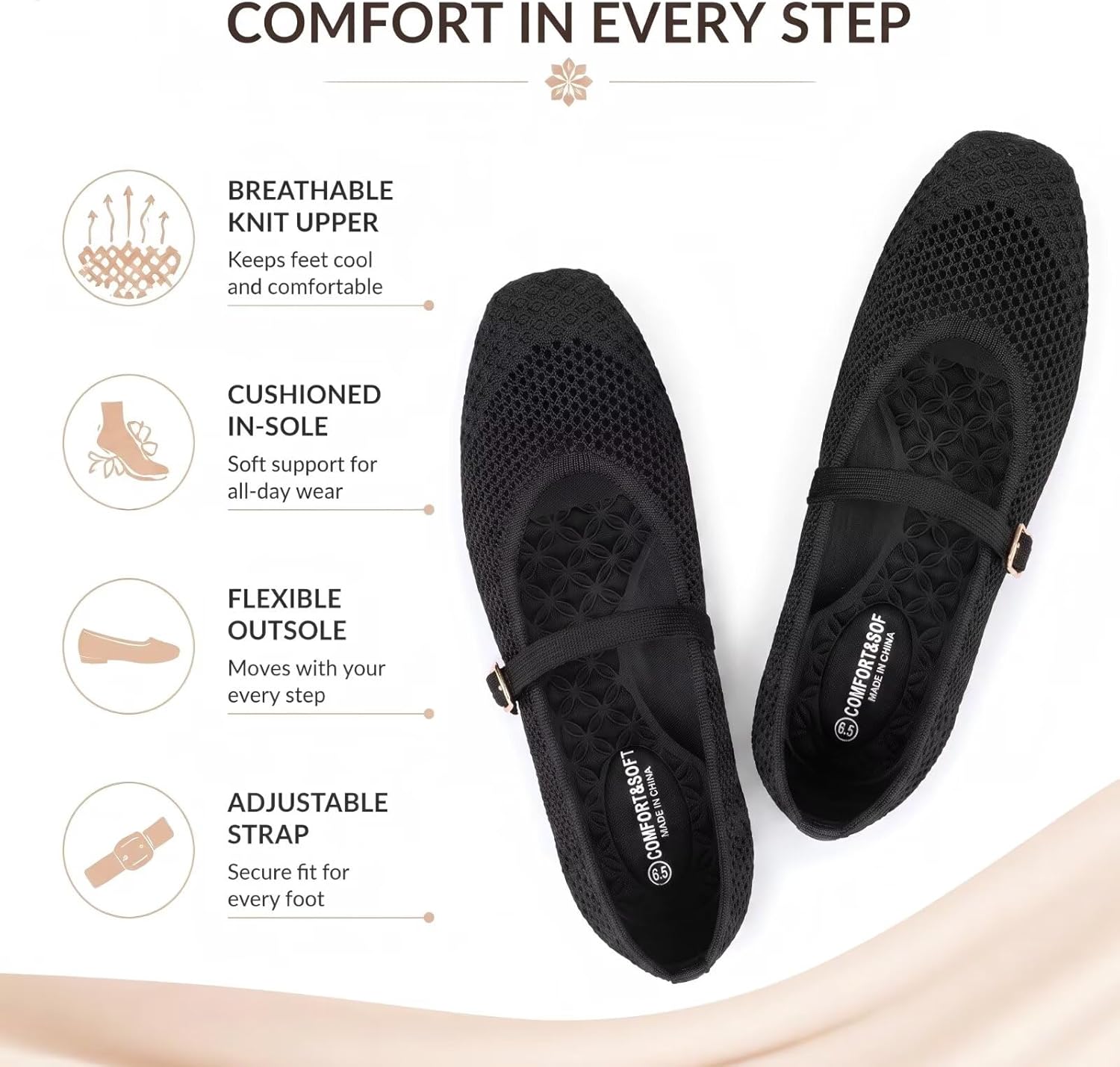 Frank Mully Womens Casual Flat Shoes Square Toe Shoes Knitted Mesh Flat Comfort Work Flat Shoes for Daily Washable
