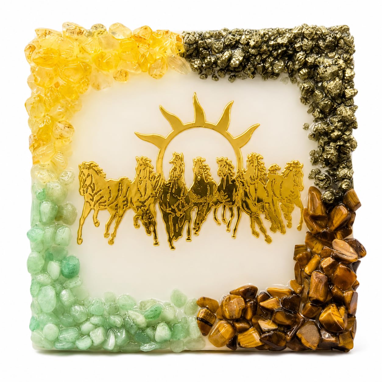 Seven Running Horses Money Magnet Orgonite Frame Resin Art – Natural Citrine, Pyrite, Green Aventurine & Tiger Eye Crystals | Wealth, Success & Positive Energy Vastu Decor | Luxury Wall Art for Home & Office-image-33