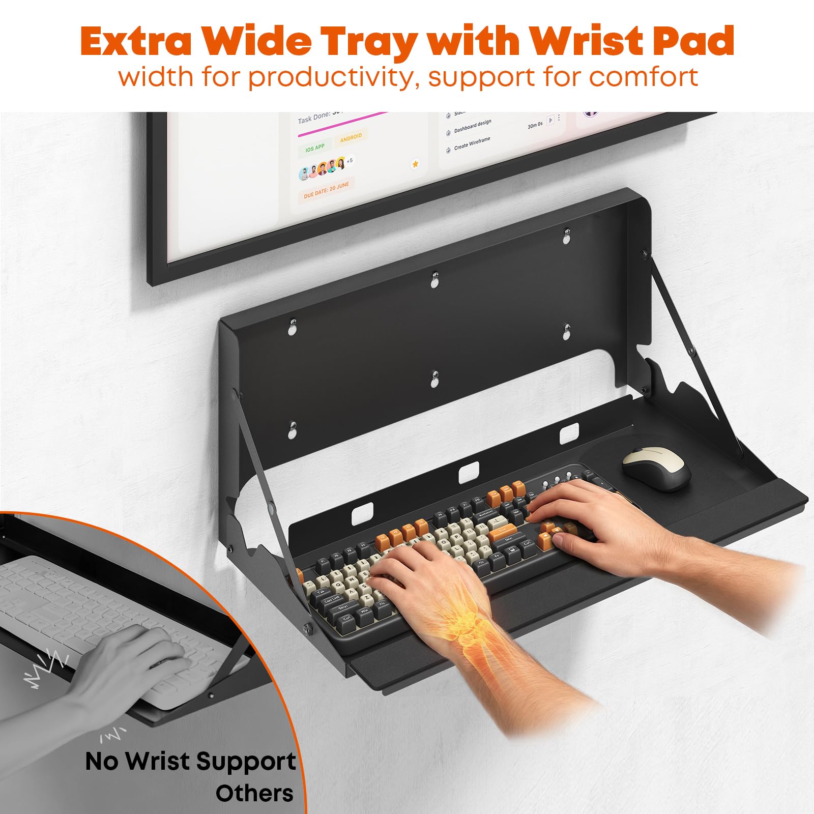 Uchwyt ścienny z dużą tacą na klawiaturę, 10 kg, składana platforma, pasuje do standardowych klawiatur i myszy, ergonomiczna podkładka pod mysz w zestawie