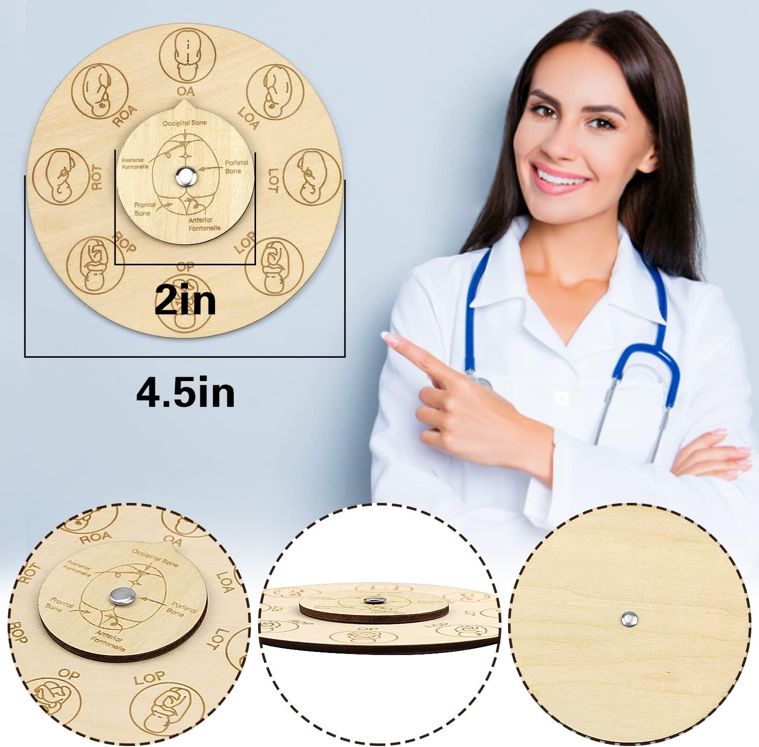 Midwife fetal position tool, carved wooden fetal position wheel for student midwife doctor doula (Round)