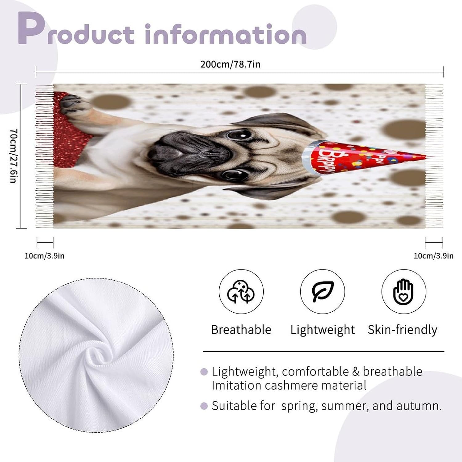 Cute Happy Birthday Pug Puppy Winter Scarf for Women Soft Tassel Scarves Oversized Wraps Long Shawl Cold Weather Thick Blanket Scarfs