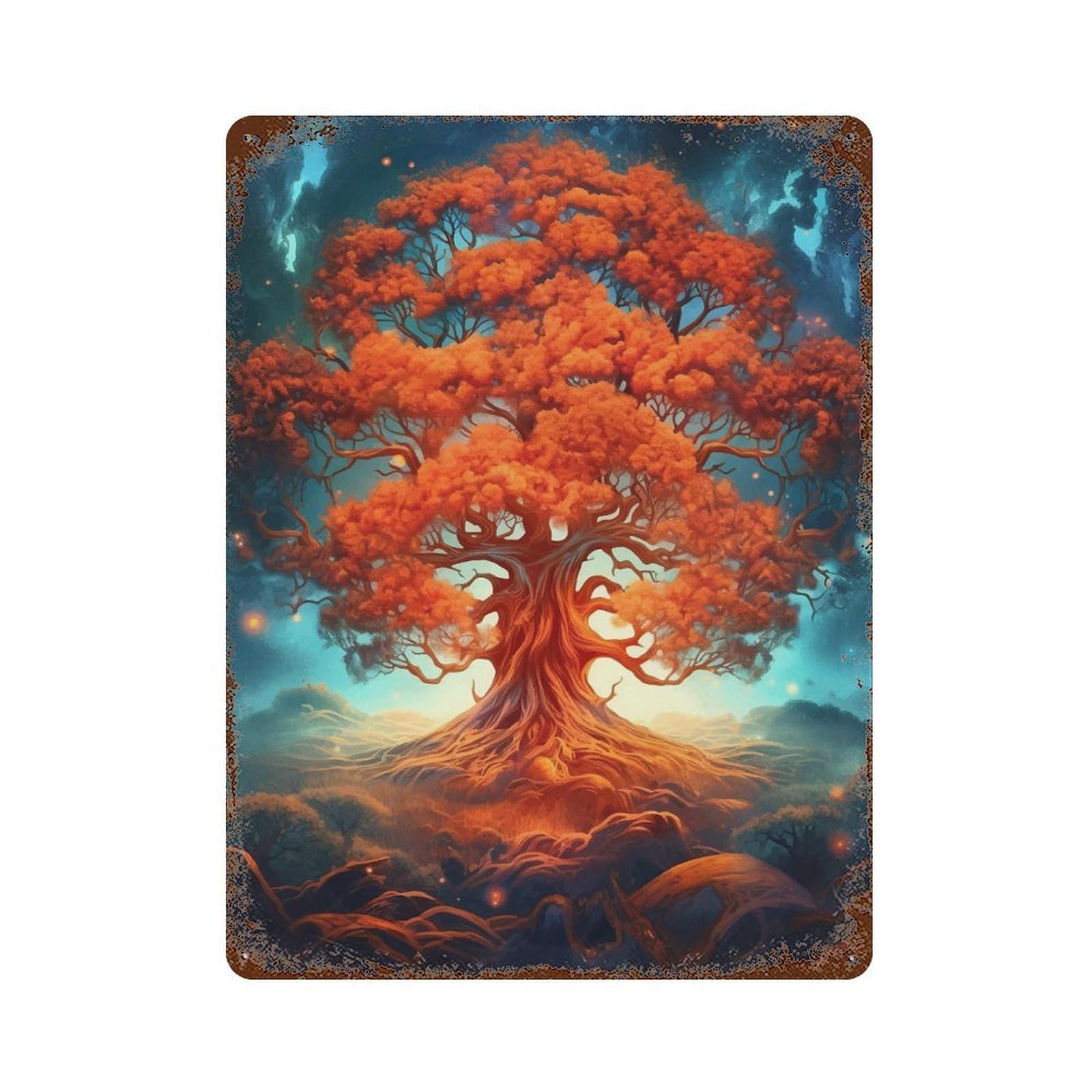 Tree Bonsai Magic Landscap Rust Effect Tin Sign 15.7"x11.8", Farmhouse Wall Decor for Farmhouse, Kitchen And Entryway Decor