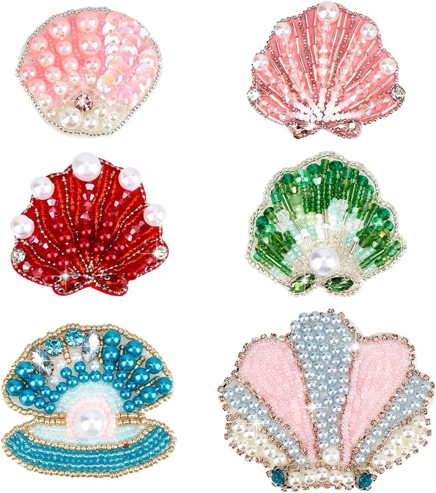 PH PandaHall 6 Styles Sea Shell Embroidery Patch Ocean Sew on Patches Beaded Rhinestone Applique Patch Beach Fabric Patch with Pearl for DIY Clothing Sewing Dress Hat Shoes Handbag Jeans Summer Decor