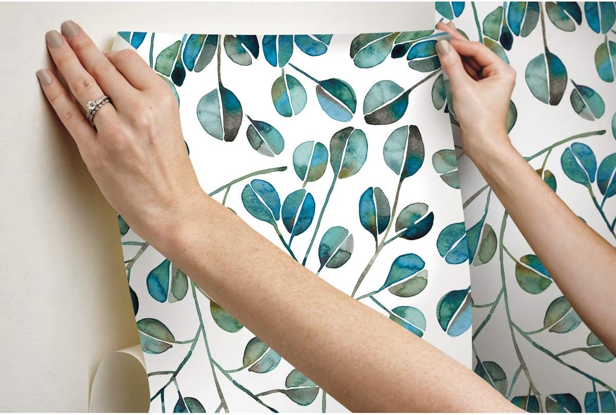 RoomMates RMK11628WP Cat Coquillette Eucalyptus Teal and White Peel and Stick Wallpaper, Roll