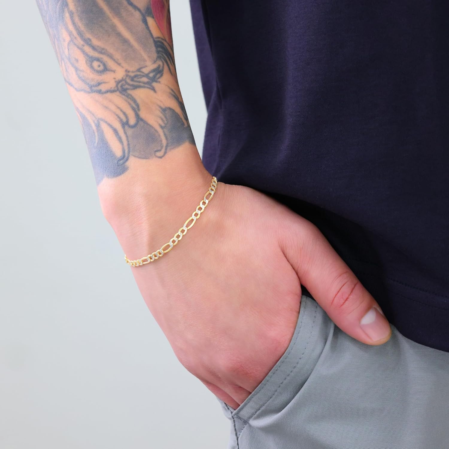 Nuragold 10k Real Yellow Gold Figaro Link Diamond Cut Two Tone Pave Chain Bracelet 7"-9" (2.5mm-6.5mm) Italian Jewelry for Men & Women