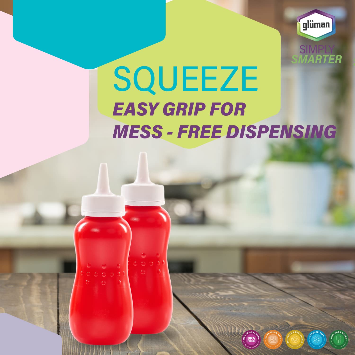 Gluman Plastic Squeezy 750 Ml Sauce Bottle (Set Of 2) For Clean & Mess-Free Dispensing | 100% Food Grade | Dishwasher Safe | Freezer Safe | Ergonomically Designed | Reusable (Red) 2