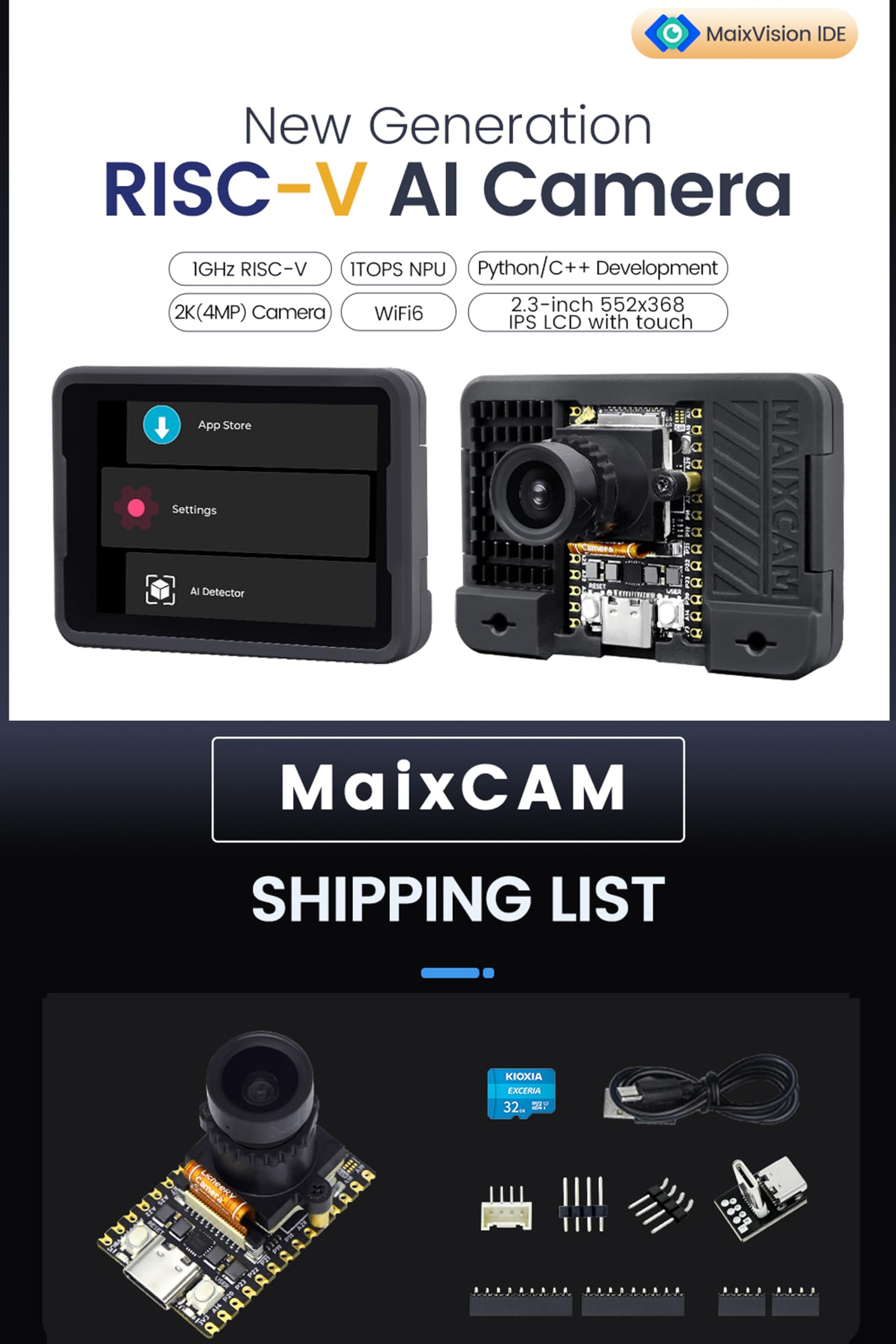Sipeed - Scheda di sviluppo MaixCAM 1TOPS NPU RISCV, 256 MB DDR3 C906 RISC-V CPU SBC, sensore di visione intelligente AI per riconoscimento facciale/tracciamento di oggetti, supporto per la