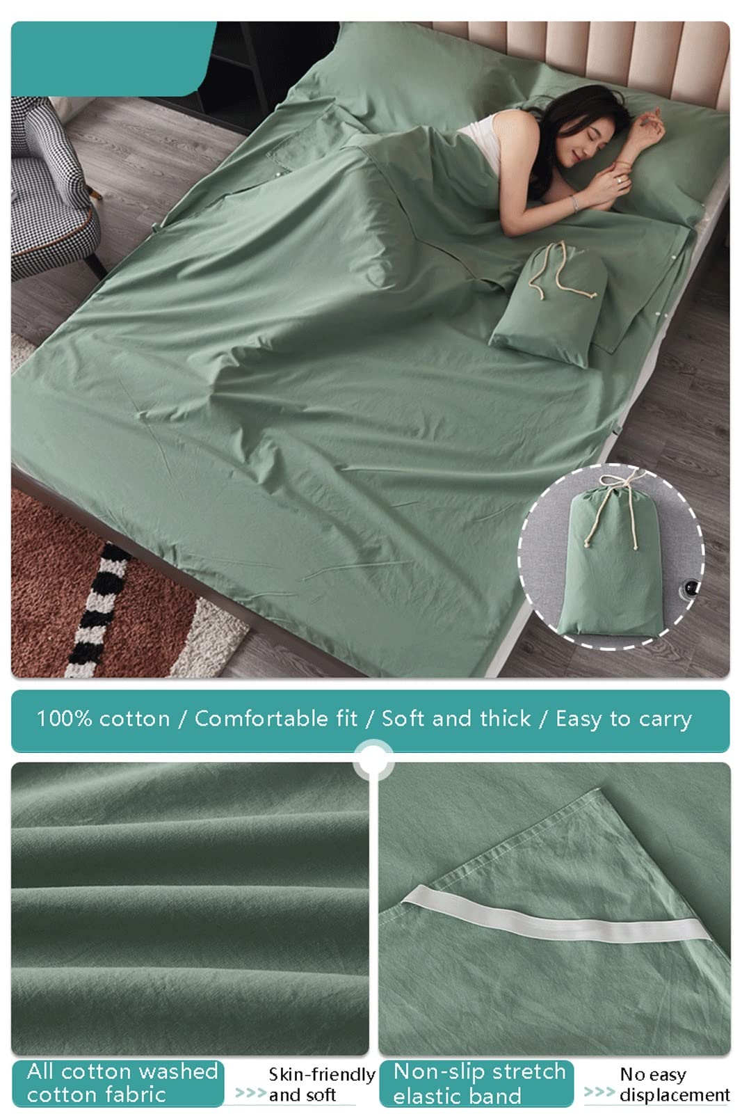 RUZGAR Sacco a Pelo Matrimoniale Sacchi a Pelo Estivi Sacco a Pelo Leggero e Compatto in 100% Cotone Motivo a Righe a Quadri Sacco Nanna for Viaggi in Hotel (Color : Green A, Size : 180x210cm-70x82)