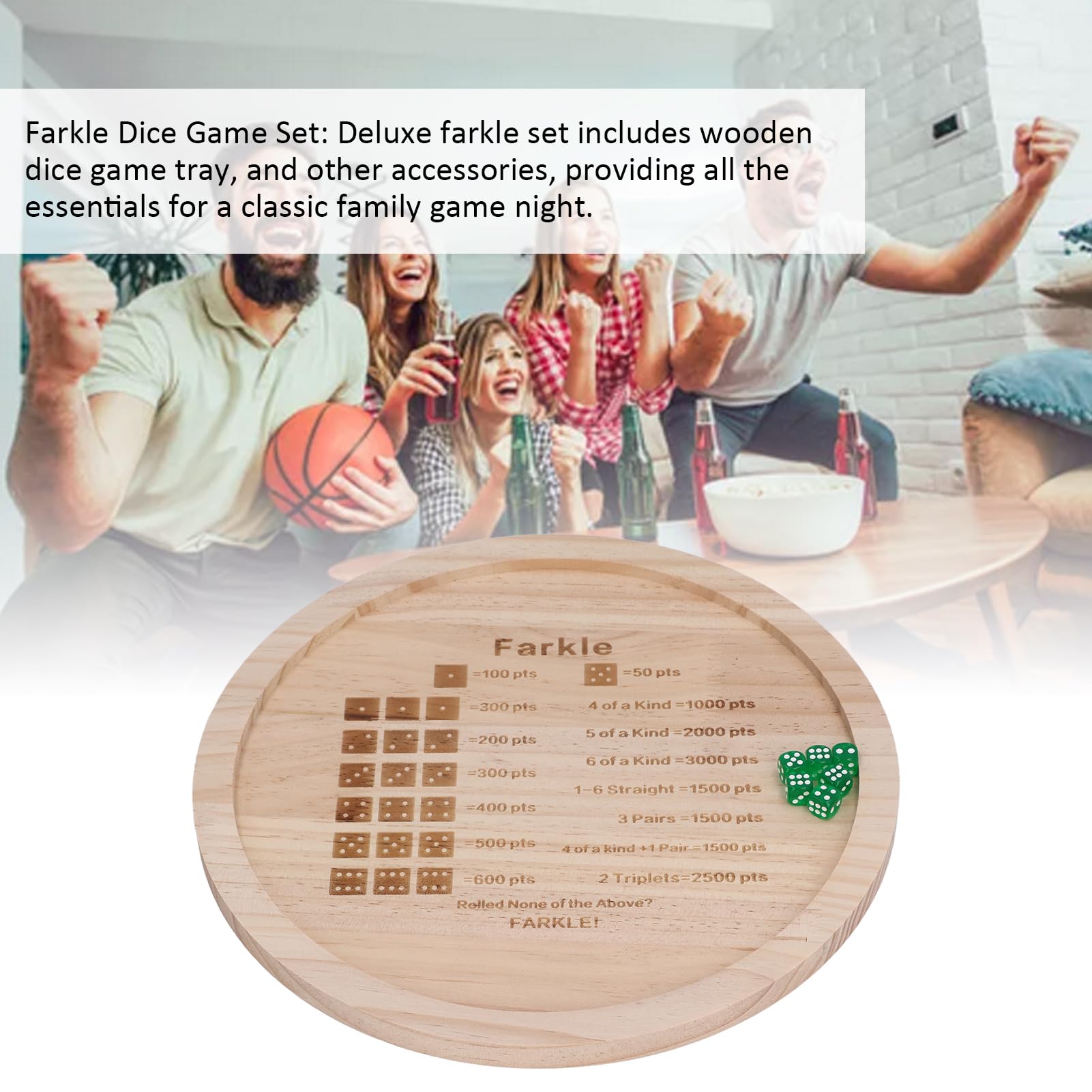 Bewinner Farkle – Jeu De Dés En Bois Avec Plateau Rond 30 Cm, 6 Dés, Sac De Rangement – Pour Soirée En Famille