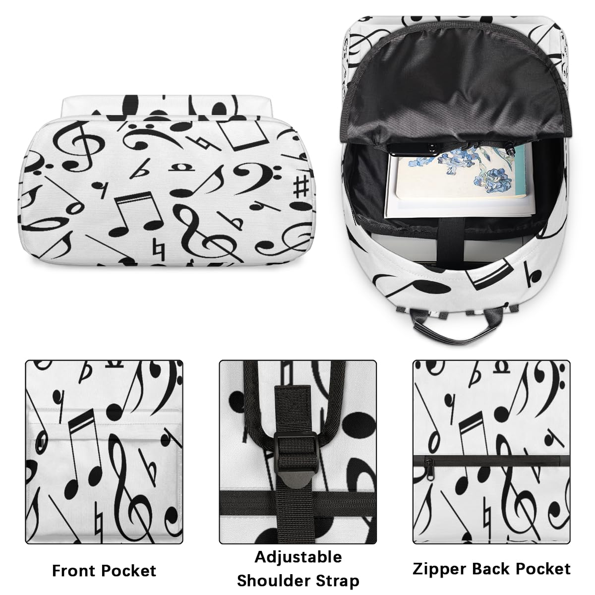 TropicalLife Rucksack mit Musiknoten für Herren, Damen, Kinder, Mädchen, Jungen, schwarzer Noten-Rucksack, großes Fassungsvermögen, 23,5 l, Rucksack, Schule, Büchertasche, Reisen, lässig,