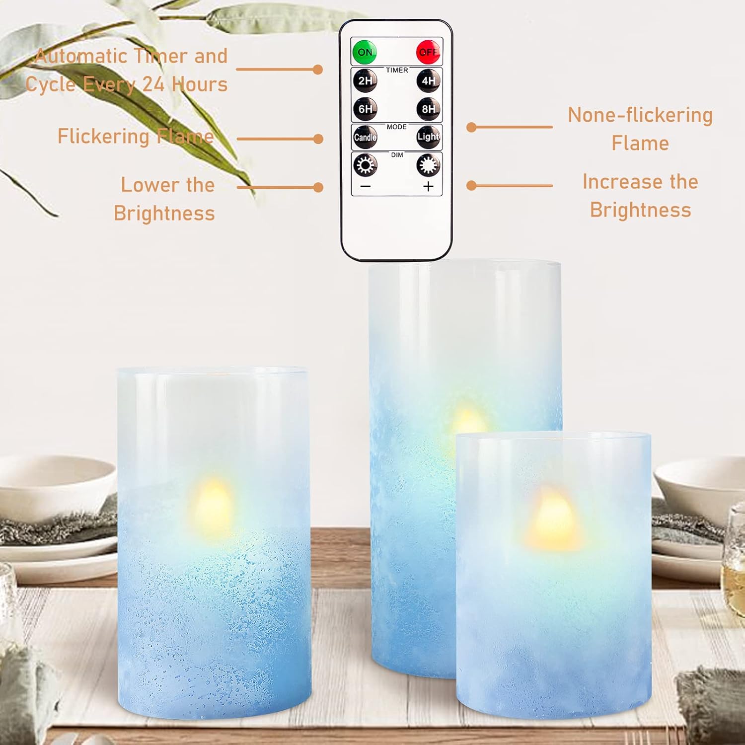 Flameless Candles x3, Sandblasted Cerulean LED 3D Flicker Lights, Blue Ocean Series SkyBlue Frosted Glass Decor, DIM with Remote Timer, Summer Trendy Modern Gift for Friends Lover
