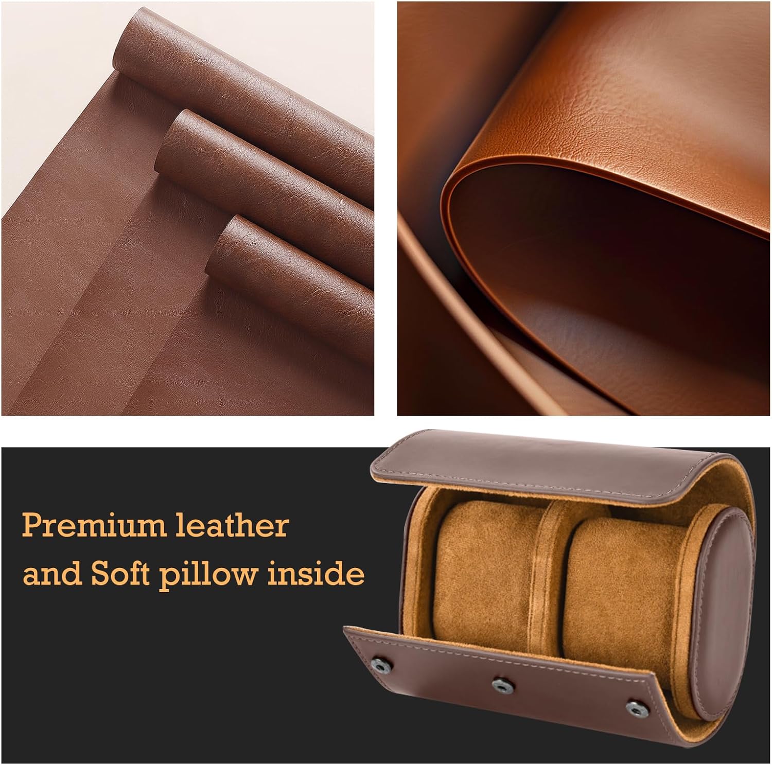 Double Leather Watch Box, Vintage Watch Roll Travel Case for Men and Women, Brown