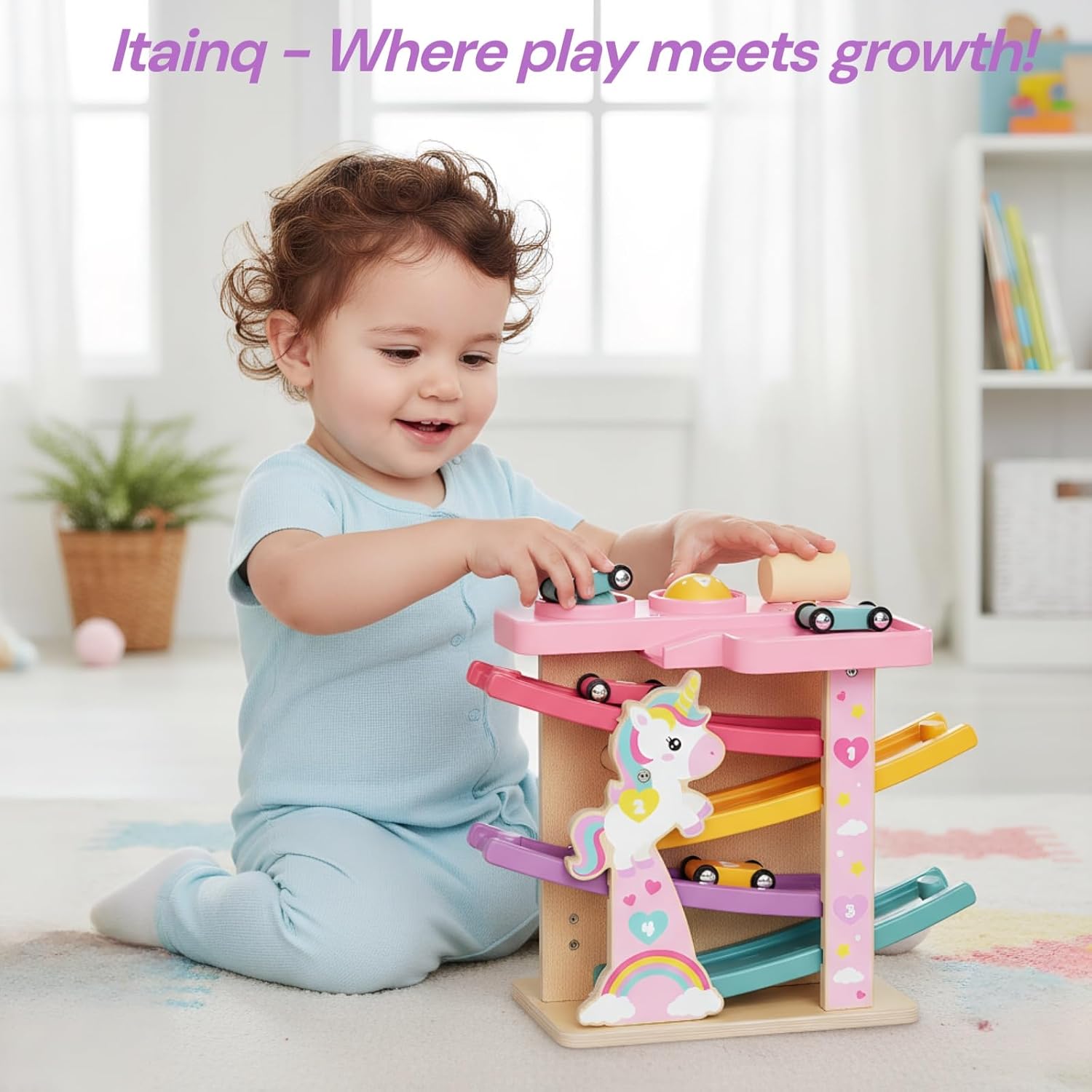 Montessori Toddler Toys for 1-2 Year Old Boy, First Birthday Gifts, Pink | 2 In 1 Pounding Toy, Wooden Car Ramp