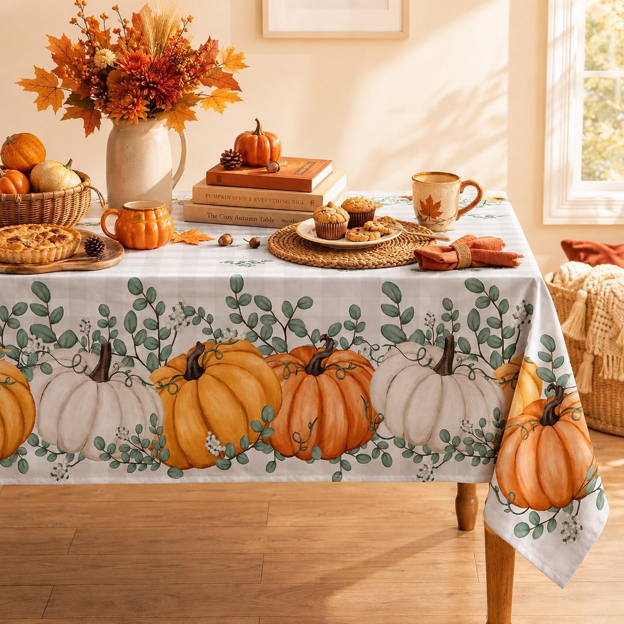 Horaldaily Fall Tablecloth 60x84 Inch Rectangular, Thanksgiving Autumn Harvest Blue Pumpkin Buffalo Plaid Table Cover for Party Picnic Dinner Decor