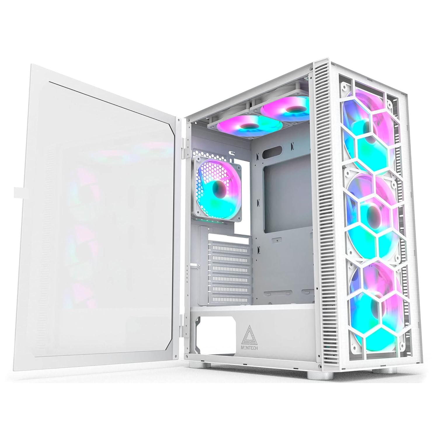 Montech X3 Glass White – ATX Mid-Tower PC Gaming Case – 6 RGB Rainbow Fans – Tempered Glass Front Panel – Out-Pull Glass Side Panel – Cable Management – High Airflow Gaming Case