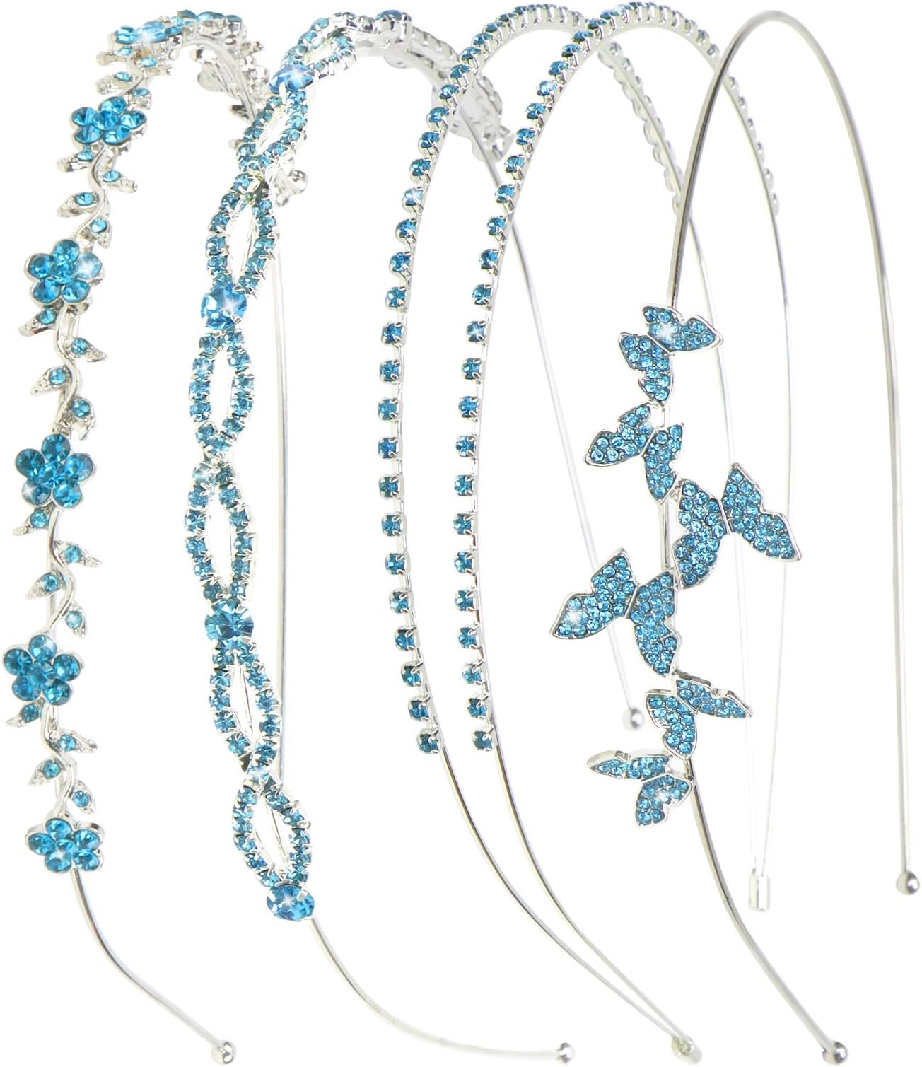 Wecoe4 Pack Rhinestone Headband Light Blue Headband Flower Girl Bridal Wedding Headband Crystal Headpiece Flower Leaf Butterfly Metal Headband Little Girls Kids Hair Accessories For Women Girls Gifts
