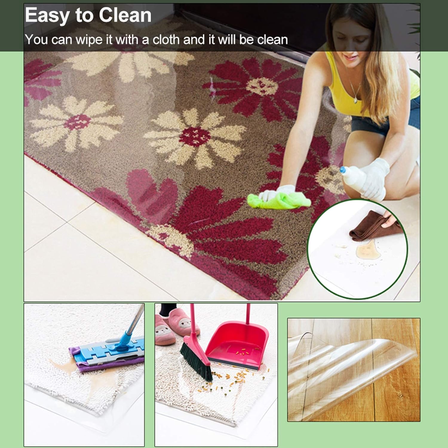 Non-Slip Oil-Proof Transparent Rugs Protector Cover,Runner Rug Clear Plastic Area Carpet, Waterproof Doormat - Can Be Cut(1x1m/3x3.3ft)