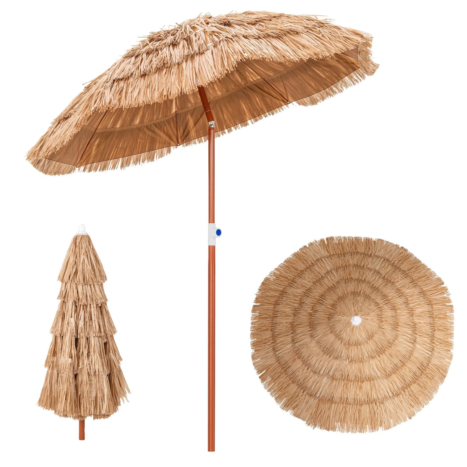GOPLUS Sonnenschirm Hawaii, Ø 155 cm PP Strohschirm, Strandschirm | Sonnenschirm von 140-190 cm Höhenverstellbar, um 40° knickbar, Hawaii Schirm mit Tragetasche, für Strand, Balkon & Garten