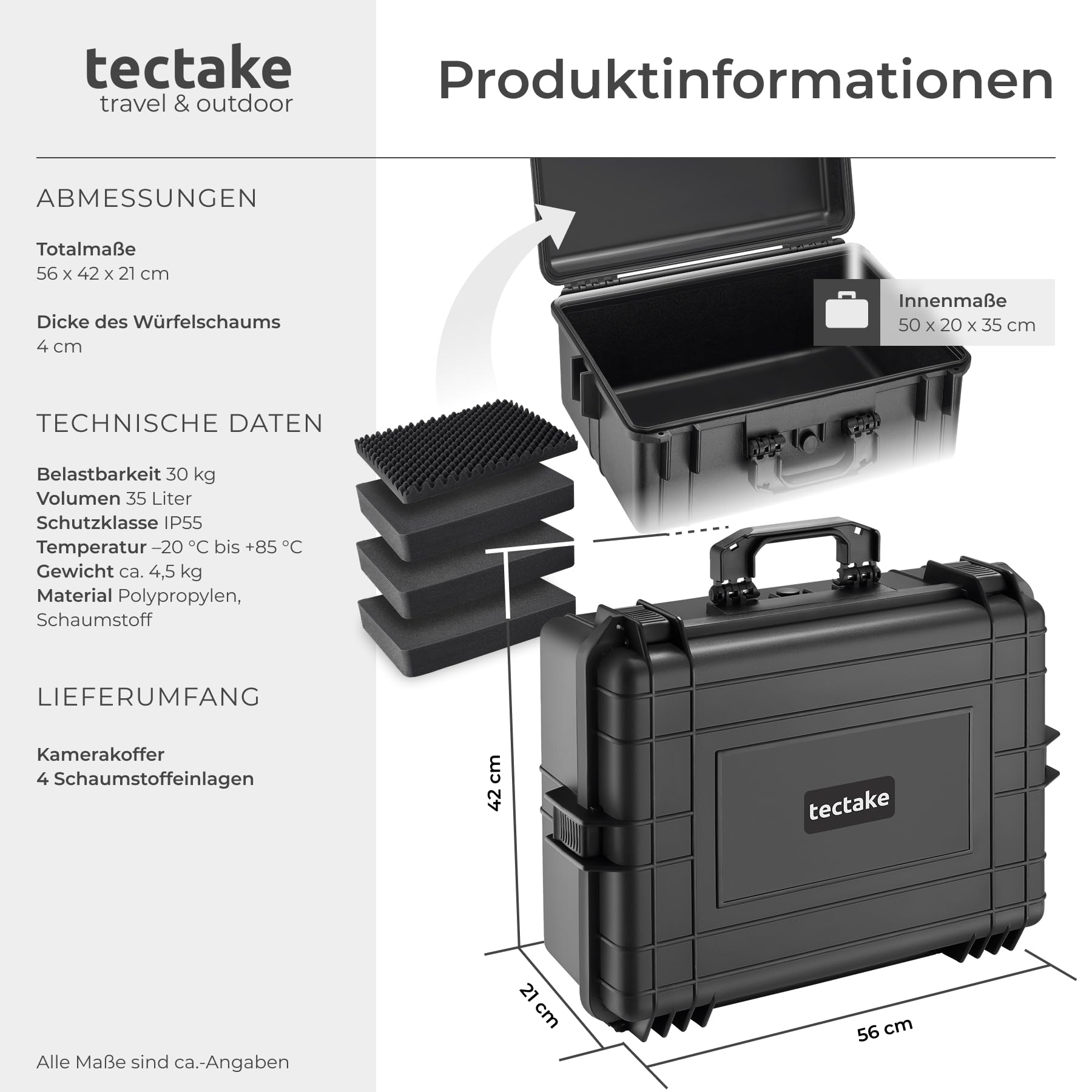 tectake® Kamerakoffer, Universalkoffer, Outdoor Box wasserdicht als Transportkoffer, Hardcase zur Lagerung von Kamera, Beamer klein, Foto Aufbewahrungsbox, LxBxH: 56 x 42 x 21 cm