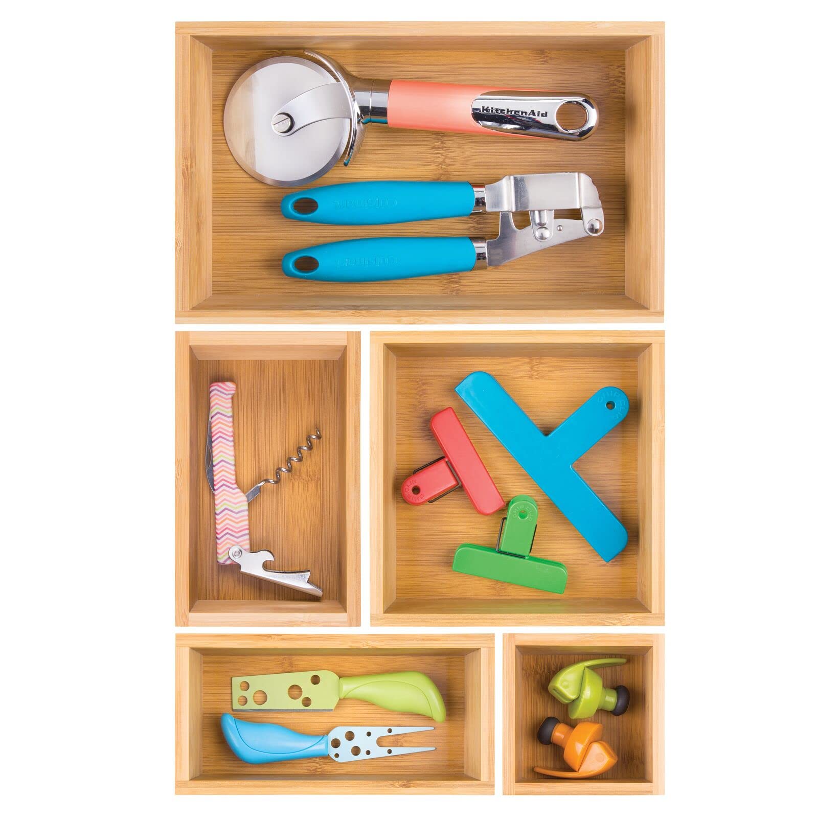 mDesign 5er-Set Aufbewahrungsbox für die Küche – Schubladenbox aus Bambus in verschiedenen Größen – stapelbarer Schubladen Organizer für Besteck und Küchenutensilien – naturfarben