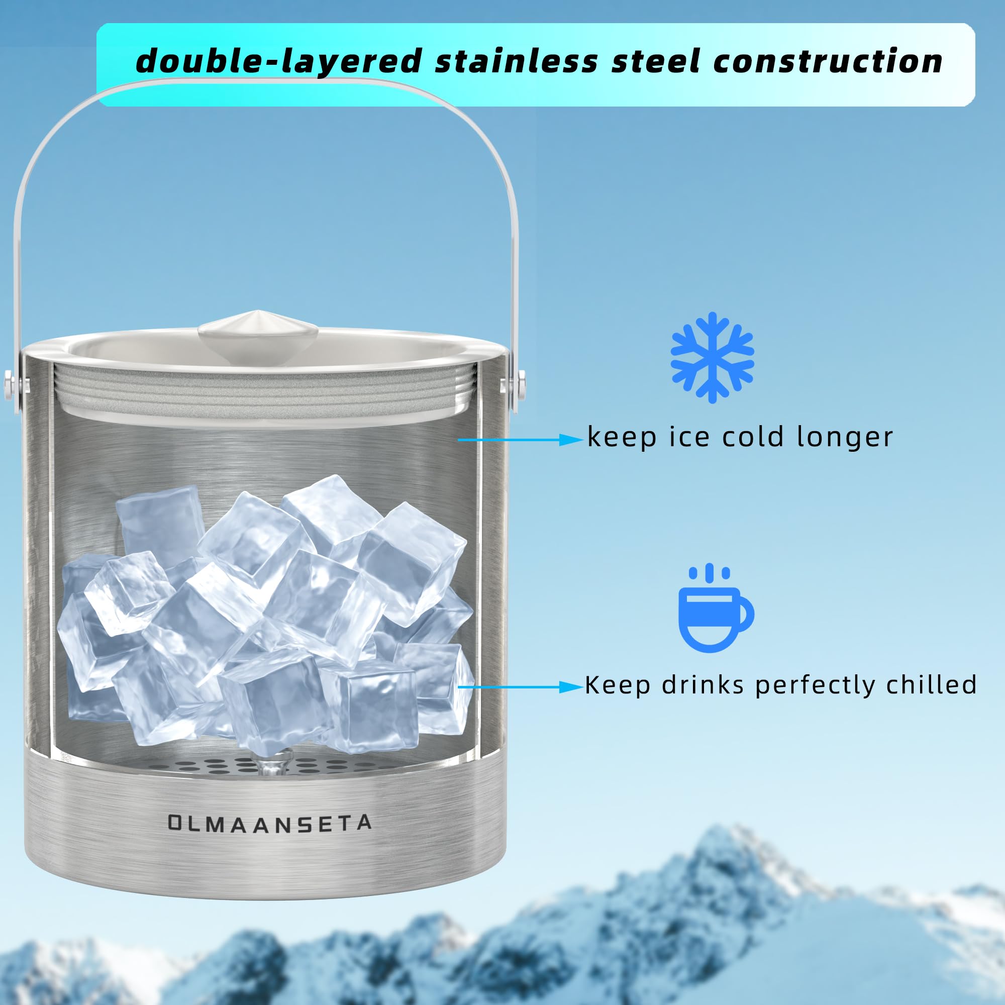 Edelstahl-Eiskübel für Partys mit Deckel und Eiszange, isolierter Weineimer hält Getränke kalt und Eiswürfel vor dem Schmelzen (3 l)