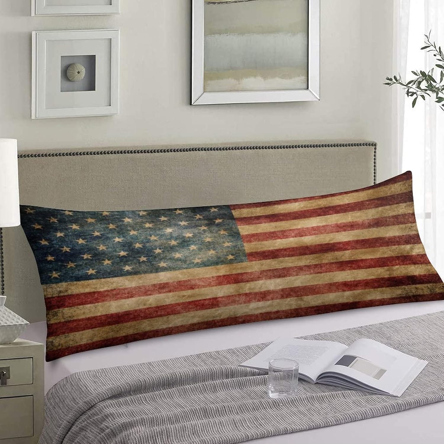 American Flag Body Pillow Cover Vintage Retro USA Flag Patriotic Long Pillow Case Protector with Zipper Decorative Soft Large Pillow Cases Cushion Covers for Bedding,Couch,Sofa 20"x54"