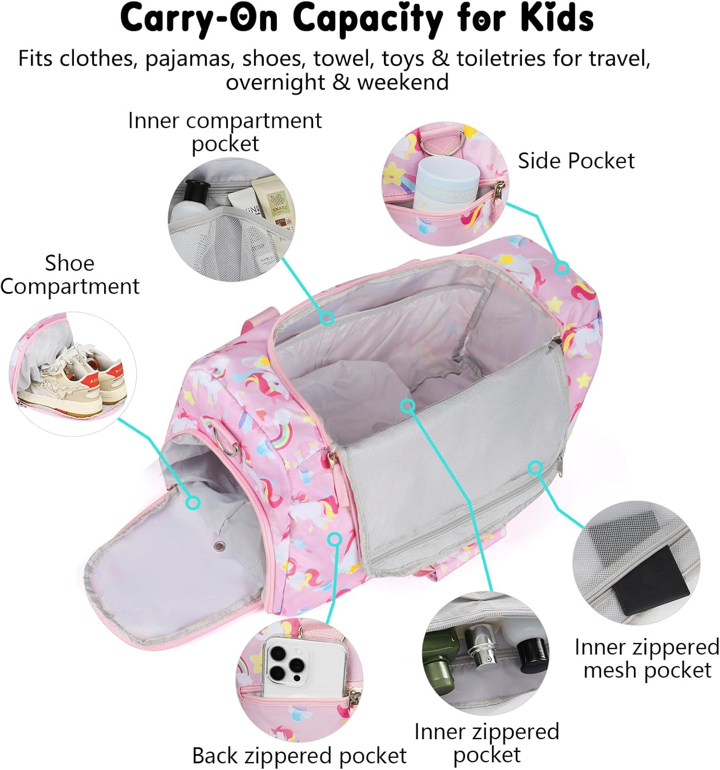 Girls Duffle Bag for Travel, Kids Duffle Bag Large Weekender Overnight Bags with Kids Toiletry Bag Set Shoe Compartment Carry on, Unicorn Pink - Image 3