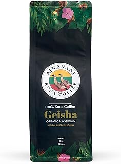 Geisha - Ainanani Kona Coffee, Single Estate, Organically Grown, Light Roast, Whole Bean 100% Kona Coffee - Notes of Dark Chocolate, Sweet Vanilla & Dried Fruit, 8 Ounce (Pack of 1)