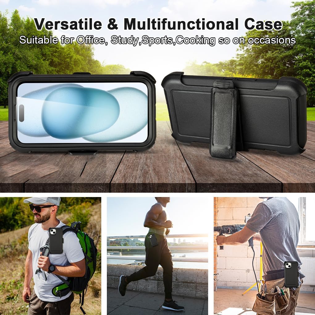 for Black iPhone 16 Case with Belt Clip, Shockproof Heavy Duty Rugged,3 Layers of Sturdy,Anti-Drop,Military-Grade Defender Cover for iPhone 16 Case Black