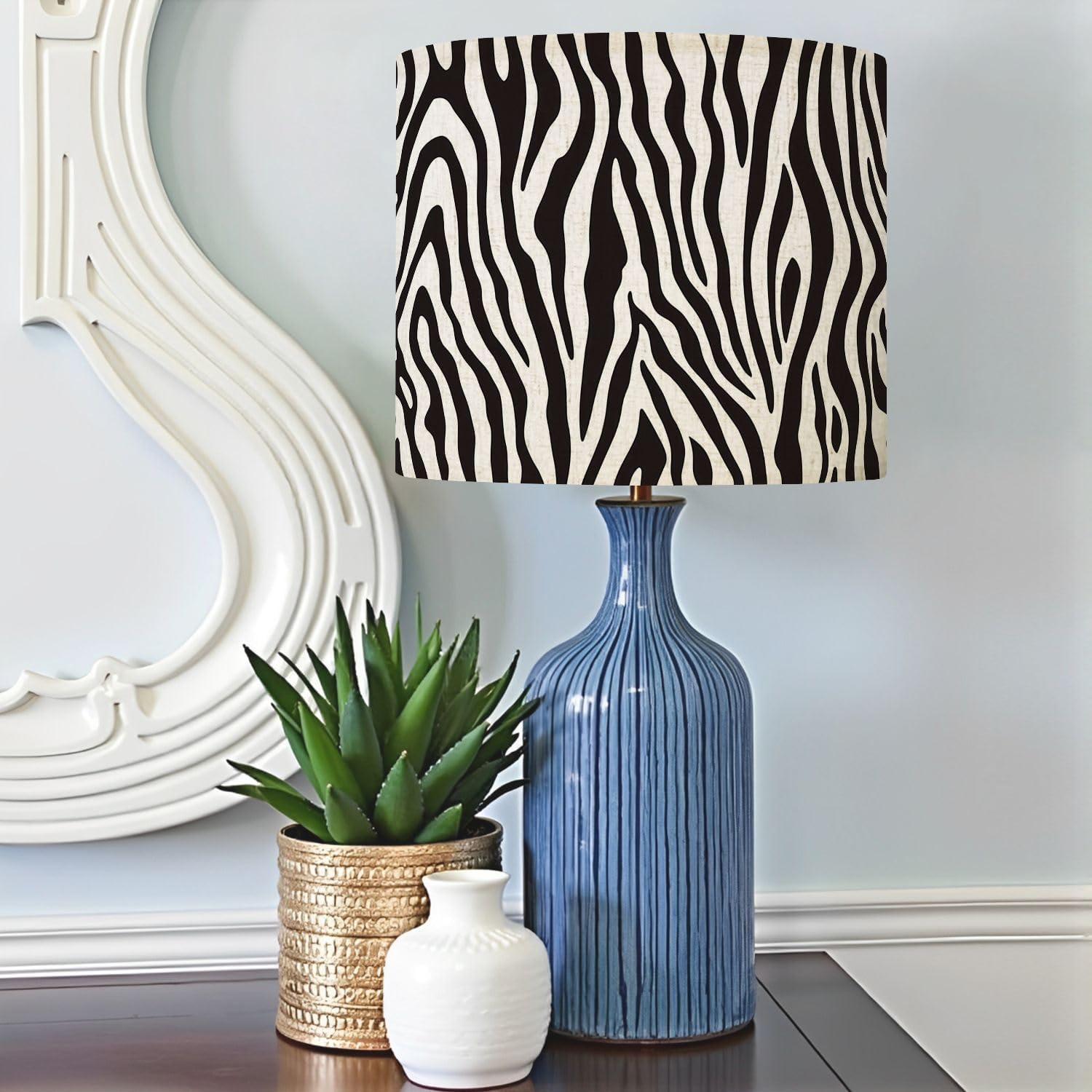 Boho Drum Lamp Shade Set of 2-11" x 11" x 8.9" Full Seamless Zebra Tiger Stripes Animal Skin Pattern Black White Replacement Natural Linen Lampshades for Table Lamps, Floor Lamps Easy Assembly