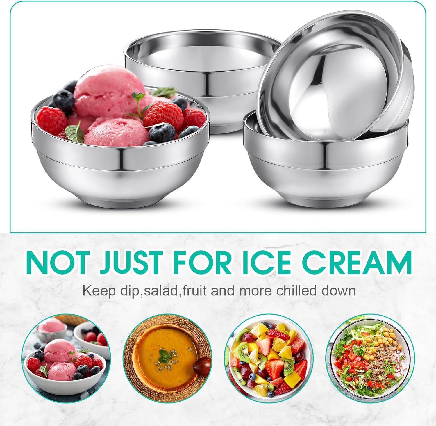 Teenyyou 12 Pack 28 oz Stainless Steel Bowls Double Walled Insulated Ice Cream Bowls for Serving Soup Rice Cereal (Bright Style)