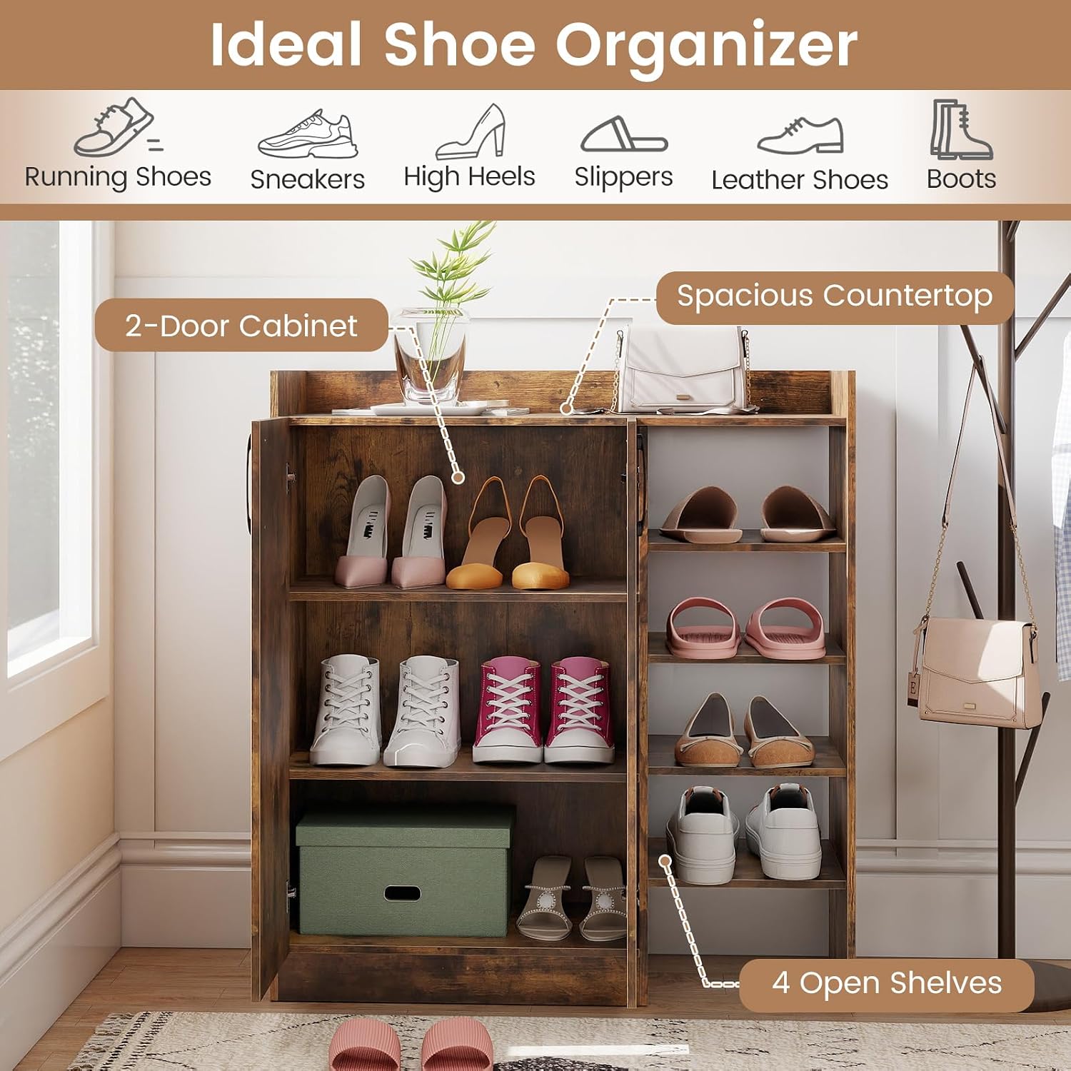 Freestanding Shoe Cabinet, 83 x 31.5 x 91 cm, Shoe Rack with Doors & Open Shelves, Storage Cabinet with 3-Way Adjustable Shelves, Shoe Chest of Drawers for Hallway (Brown)