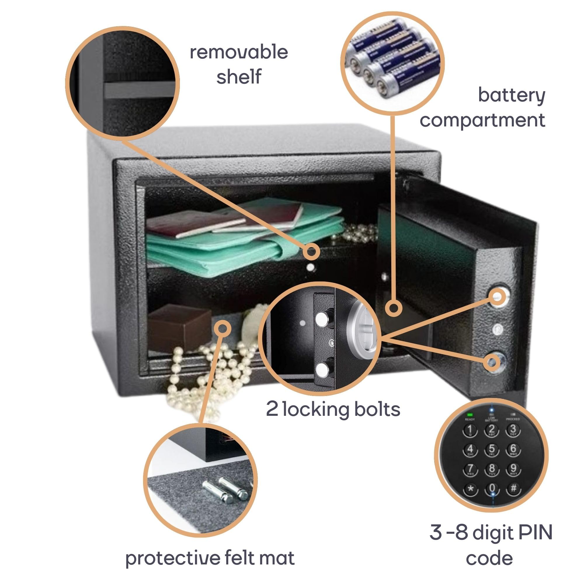 Perel Caja fuerte electrónica con código digital y llave de emergencia, caja de seguridad de acero espaciosa con interior acolchado, mini caja para joyas, documentos y dinero, 20x31x20 cm