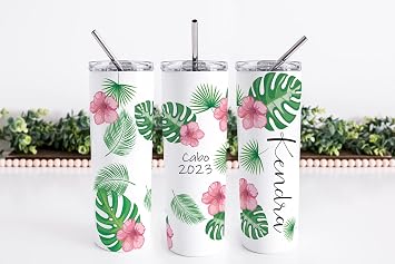 AVITO Personalized Tropical Vacation Tumbler, 20 oz Skinny Tumbler with Lid, Palm Leaf Tumblers, Beach Vacation Cup, Stainless Steel Insulated Cup, Family Vacation Cups, Travel Mug for Family Trip
