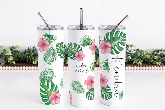 AVITO Personalized Tropical Vacation Tumbler, 20 oz Skinny Tumbler with Lid, Palm Leaf Tumblers, Beach Vacation Cup, Stainless Steel Insulated Cup, Family Vacation Cups, Travel Mug for Family Trip