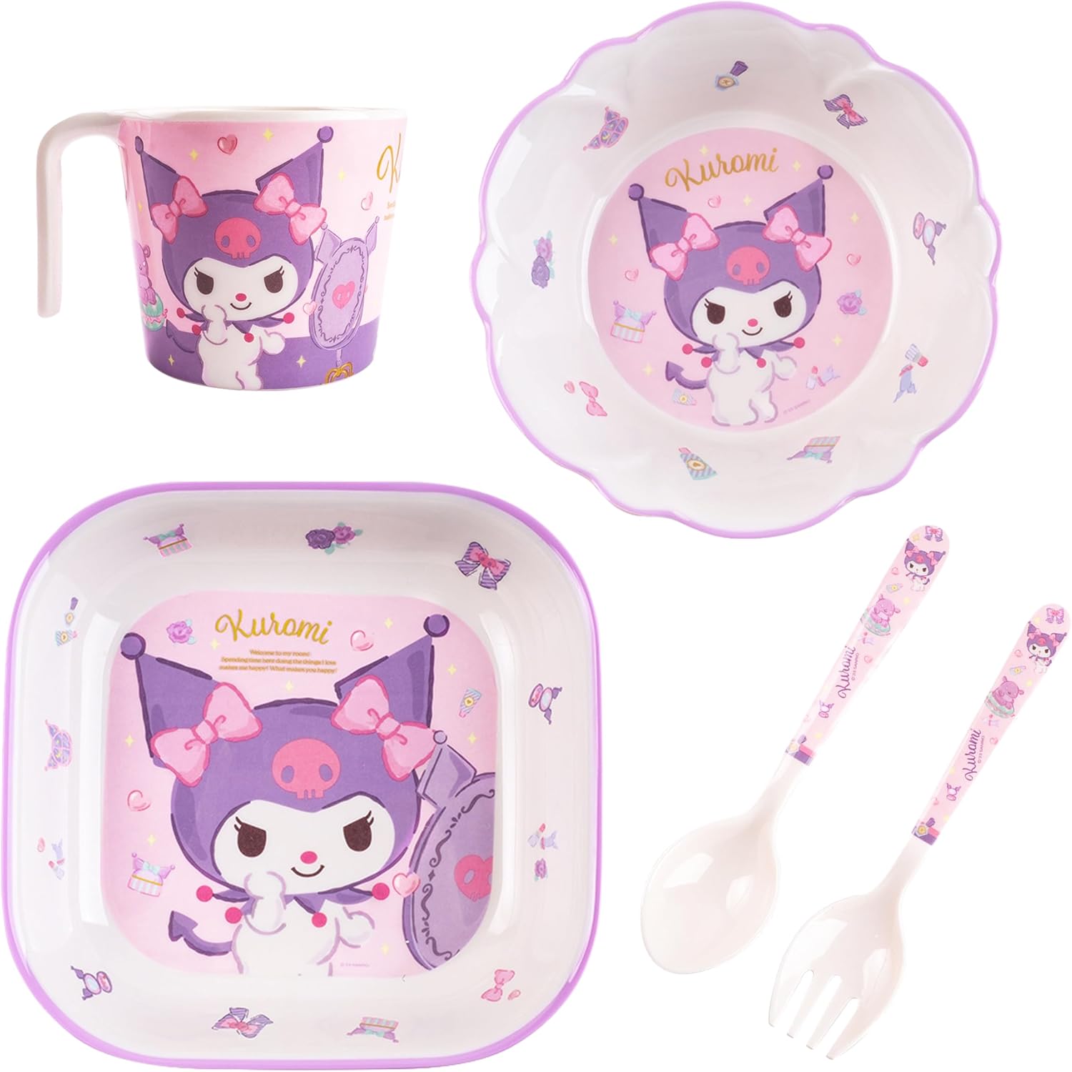 Kuromi Purple Dinnerware Flatware Meal Set – Plate Bowl Cup Fork Spoon, 5 pieces