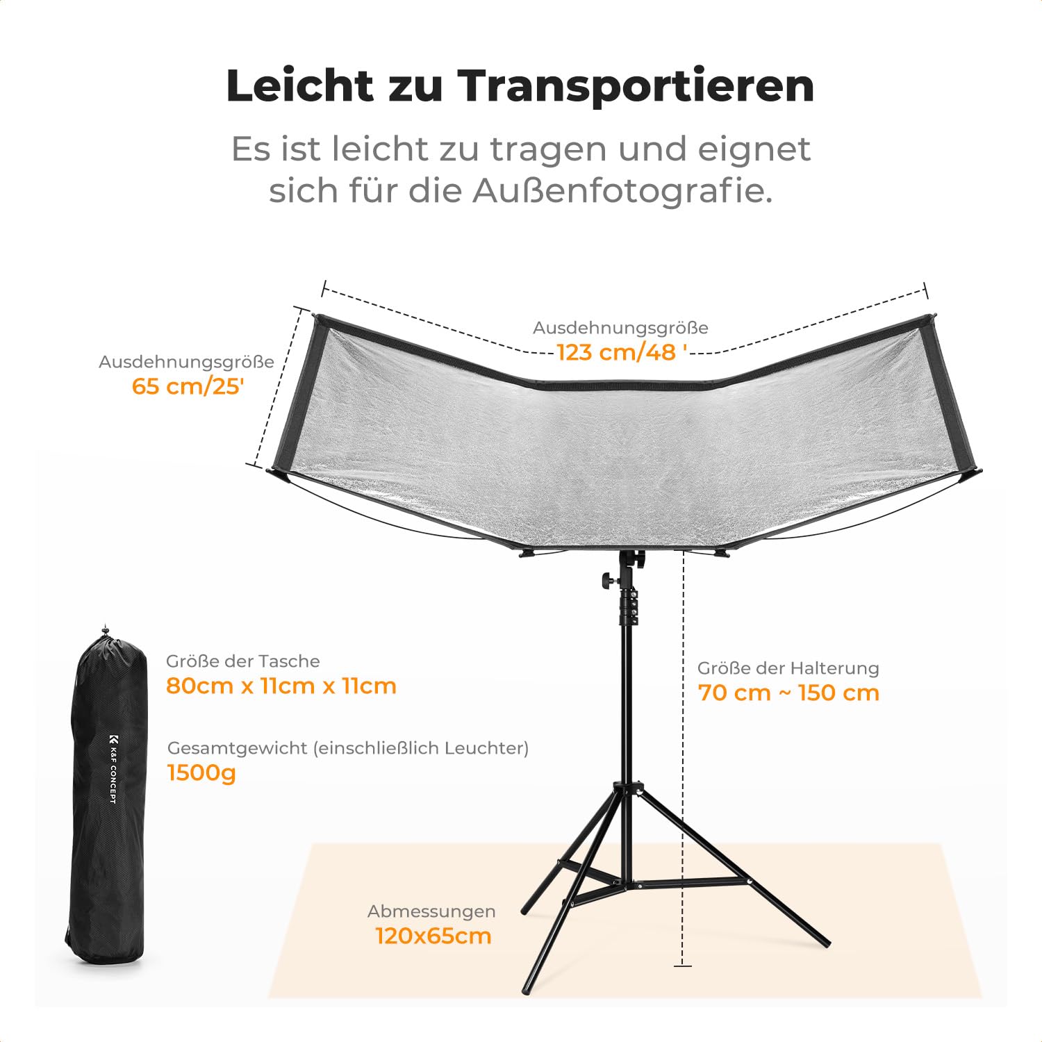 K&F CONCEPT 48„x26“ 4-in-1 U-Typ Gebogener Reflektor mit Ständer+Tasche | schnell zu öffnender Clamshell Lichtreflektor U-Typ Fotografie Diffusor für Studio Porträts , Schwarz/Weiß/Silber/Gold