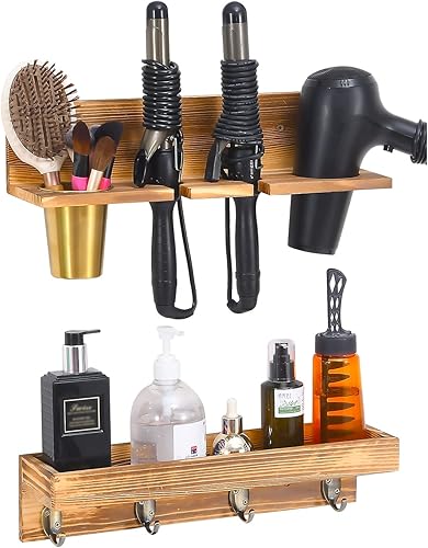 Organizador de herramientas para el cabello de montaje en pared, juego de 2 capas de madera rústica, bandeja organizadora de productos para el