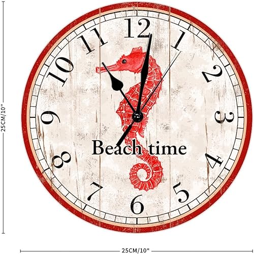 Miniatura 2 de Reloj de pared decorativo de madera con caballito de mar rojo, reloj de pared de madera de caballito de mar de playa, reloj de pared de cuarzo,