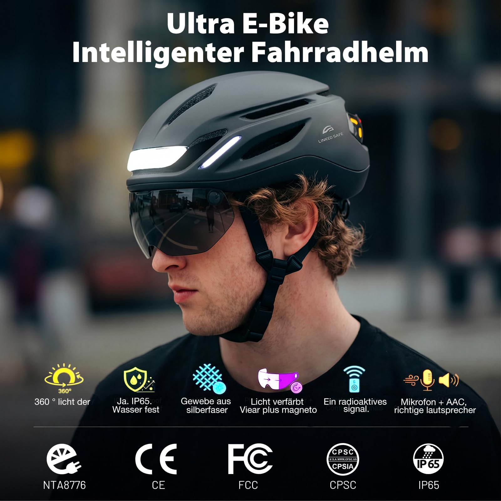 Fahrradhelm Smart für Erwachsene mit abnehmbarem Visier, Bluetooth, Magnetverschluss, LED-Blinkern per Fernbedienung, Bremslicht, IPX65, CPSC 1203 & NTA8776, leicht & belüftet