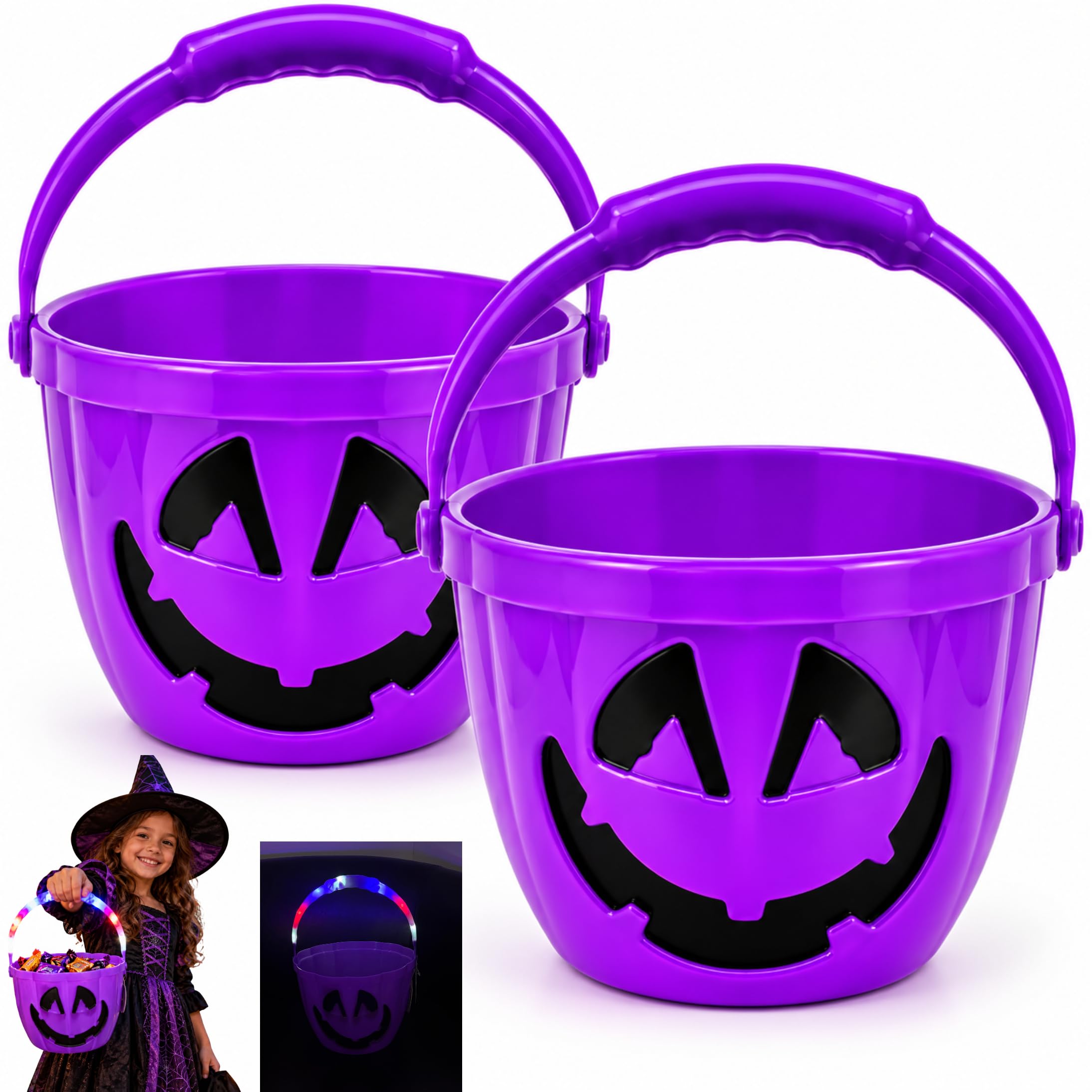2x Purple Light Up Halloween Pumpkin Buckets with LED Handles, 30cm Jack O Lantern Trick or Treat Candy Baskets with 3 Light Modes, Sweets Holders for Kids Party Decor