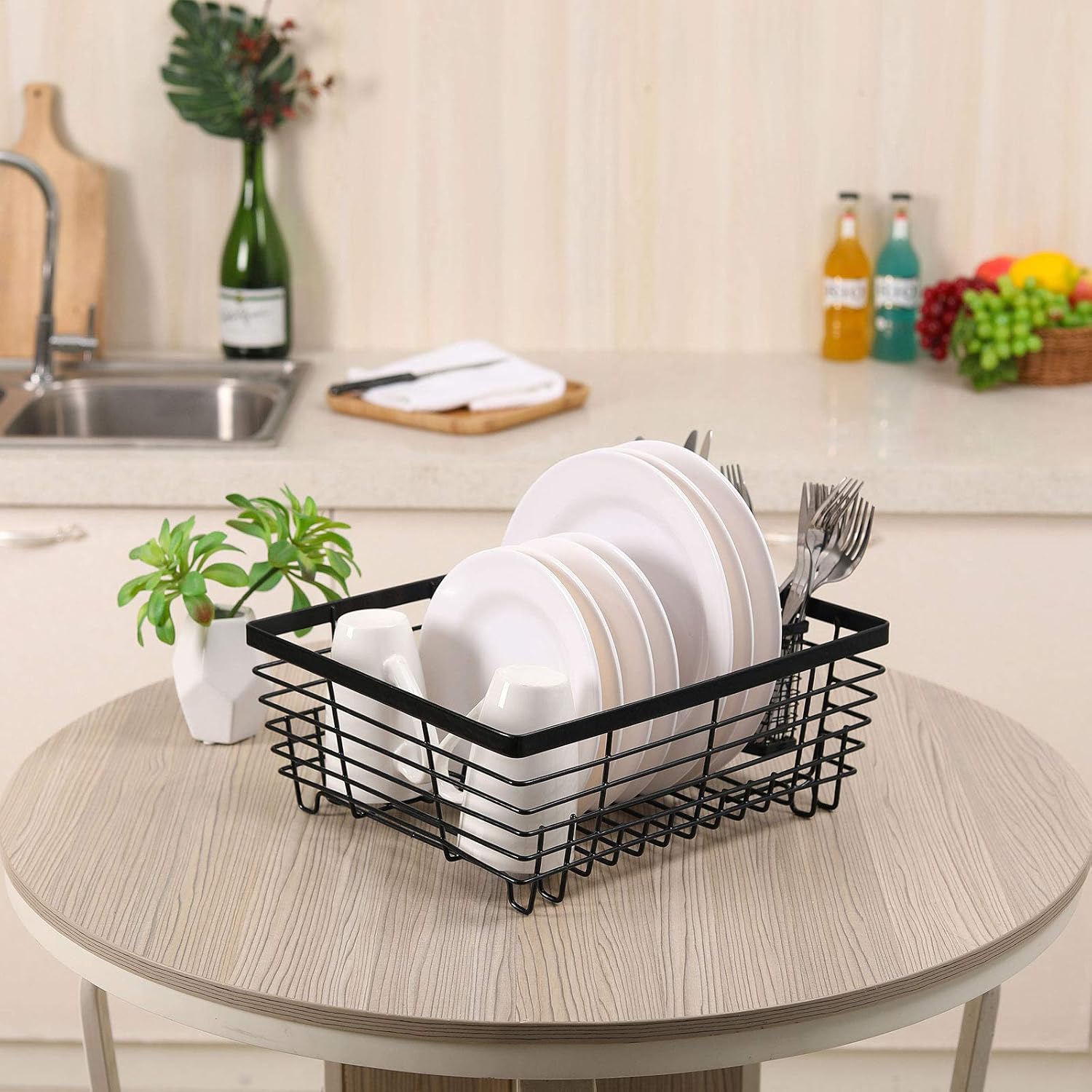 TQVAI Kitchen Dish Drying Rack Metal Dish Drainer with Full-Mesh Silverware Utensils Basket Holder, Black